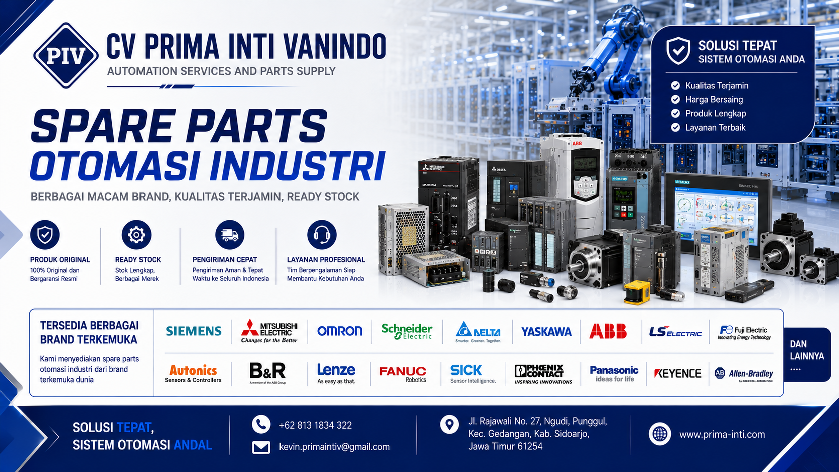 CV Prima Inti Vanindo – Spesialis otomasi industri, penyedia komponen PLC HMI inverter servo drive Sidoarjo Jawa Timur